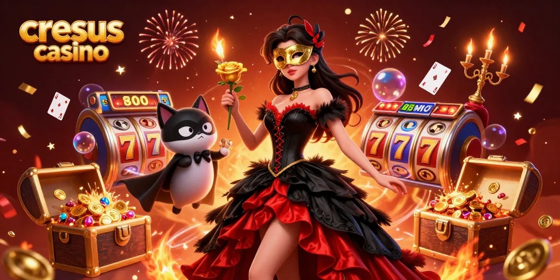 Cresus casino présente une scène 3D vibrante avec un personnage en robe élégante au milieu d'éléments de jeu de machine à sous palpitants.