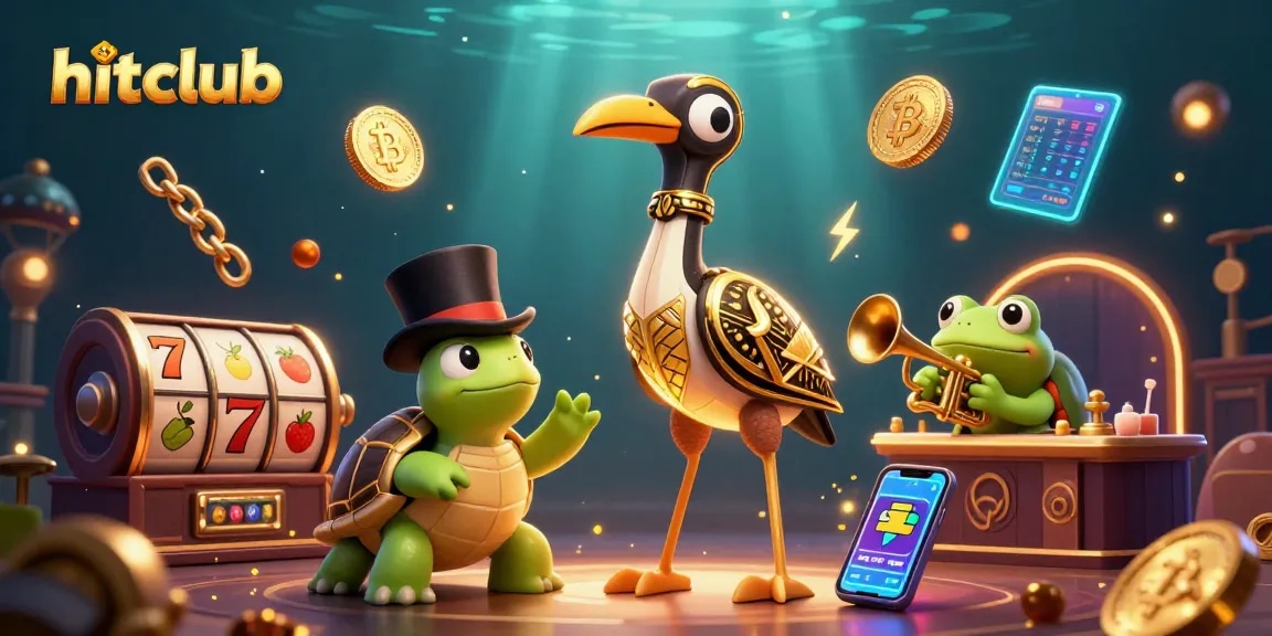 Spin and win with hitclub's vibrant slot scene featuring 3D characters and casino elements.