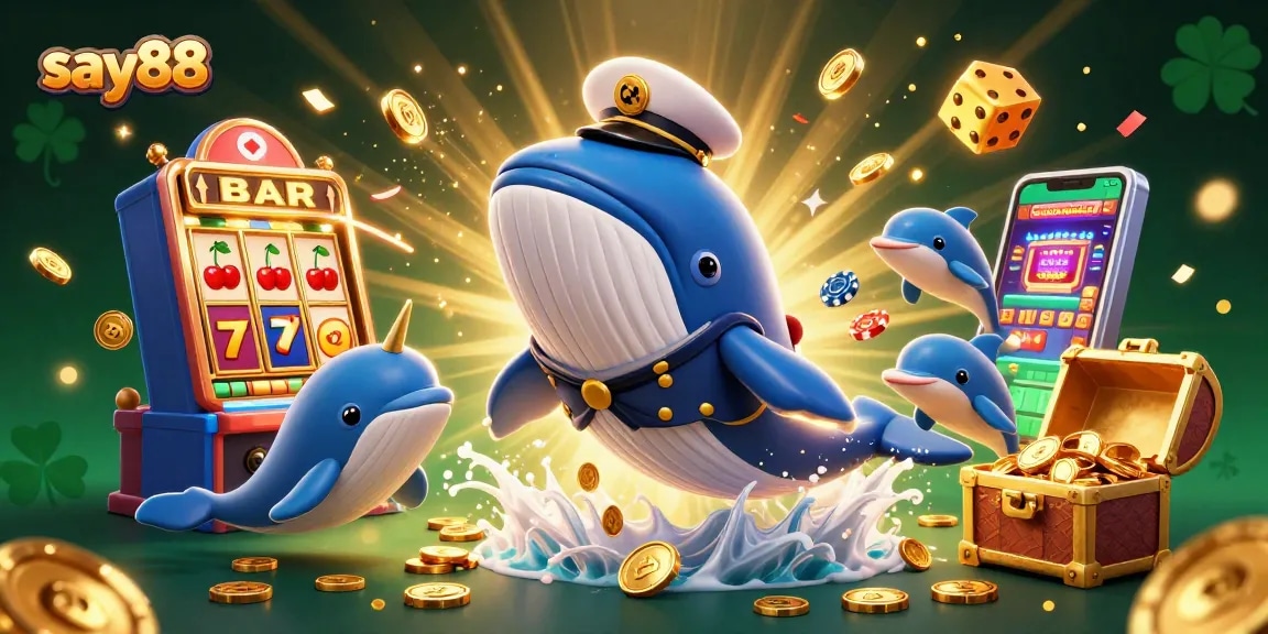 Experience say88's vibrant gaming world with a whale and playful dolphins among jackpot treasures.