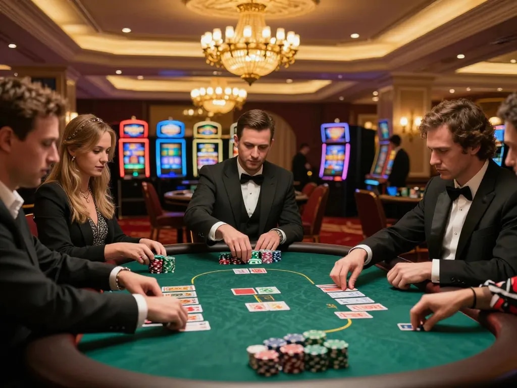 Các người chơi 12bet tham gia chiến lược poker căng thẳng tại một bàn casino cao cấp với ánh sáng vàng