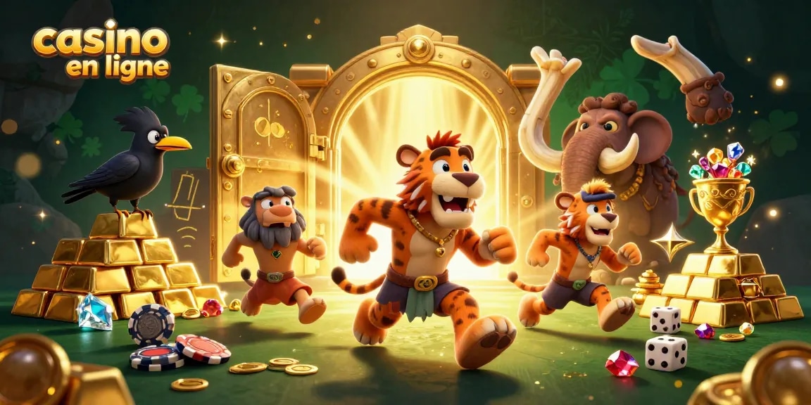 Plongez dans l'univers du casino en ligne avec des personnages préhistoriques jouant à des jeux captivants.