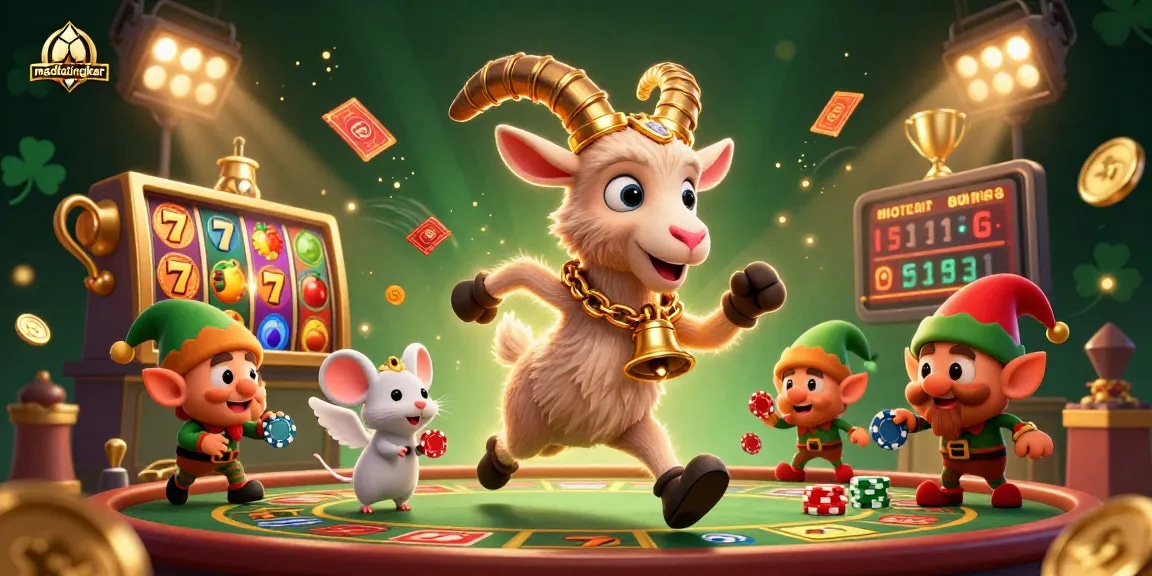 Join the excitement at medialingkar's casino with Krampus goat and playful characters in a dynamic slot scene.