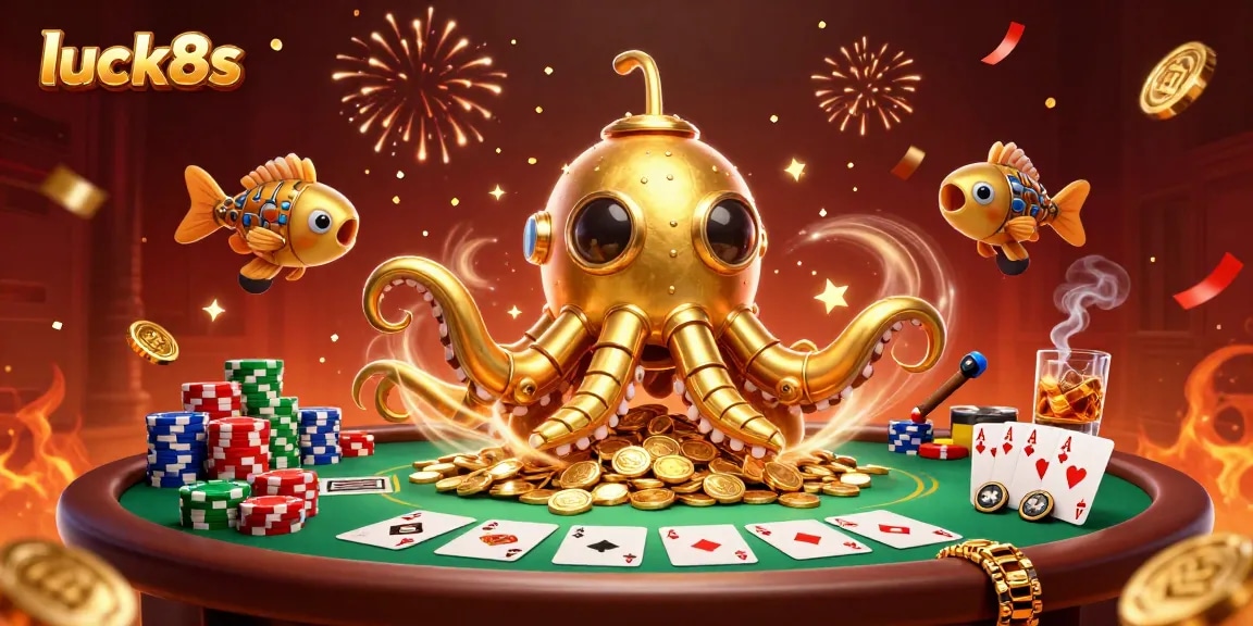 Join the excitement at luck8s with stunning visuals of a golden kraken submarine amidst poker chips and cards.