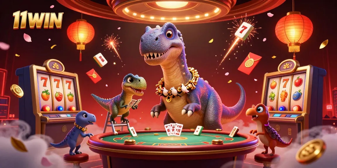Engage with the vibrant 11WIN casino scene showcasing a dinosaur and dealer delivering cards, surrounded by festive gaming elements.