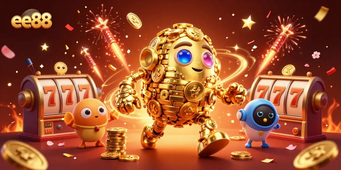 Spin and win with ee88; dynamic 3D casino illustration showcasing a golden golem among slot reels.
