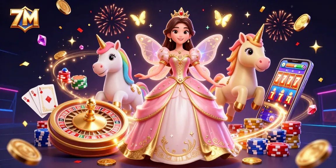 Experience thrilling wins with 7M as shimmering coins cascade and unicorns sparkle.