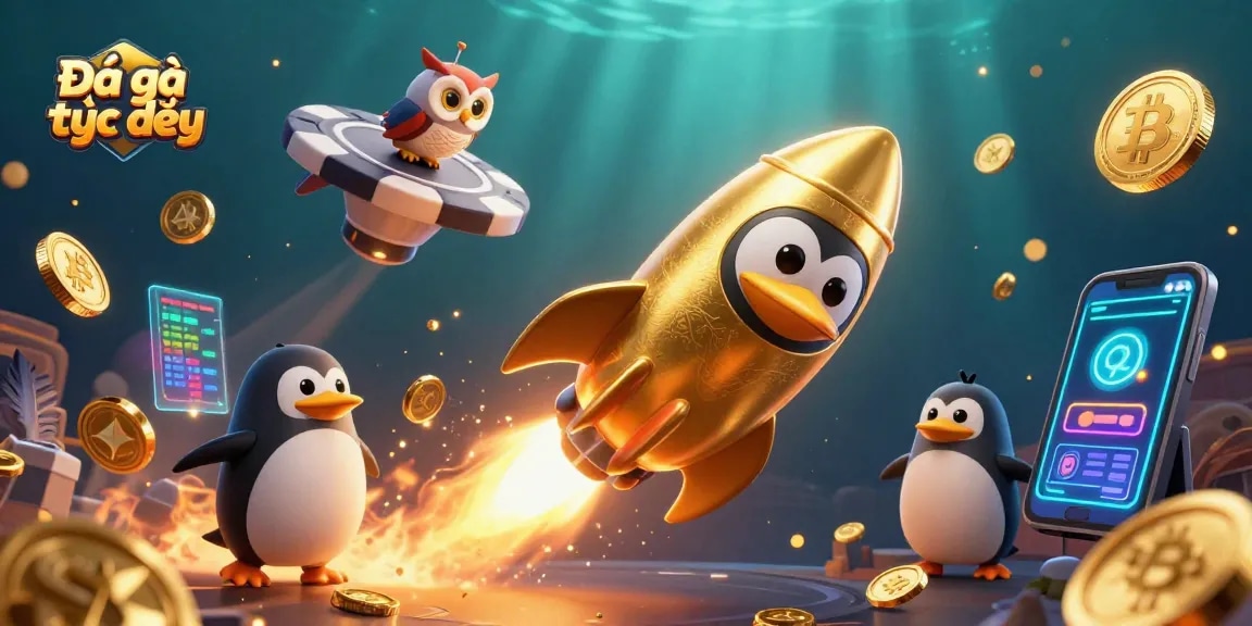 Engage in Đá gà trực tiếp with dynamic scenes featuring a golden penguin, poker chips, and thrilling arena elements.