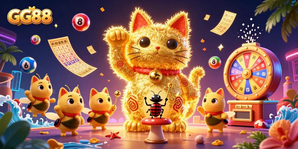 Engage with GG88's vibrant casino experience featuring a lucky cat and dynamic game elements.