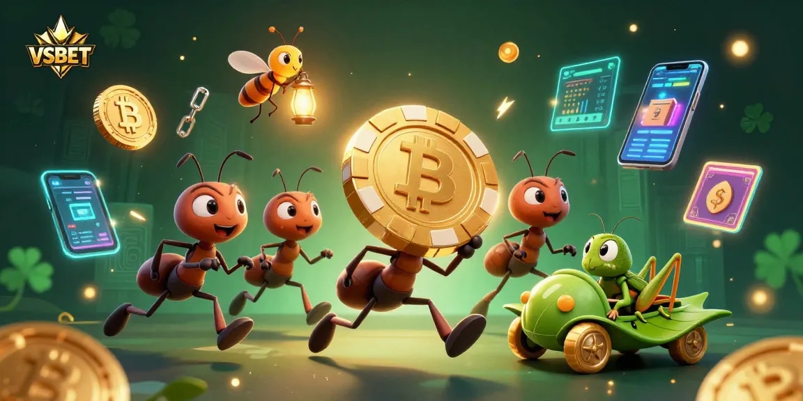 VSBET ants execute a bold heist, carrying a massive poker chip in a vibrant casino scene.