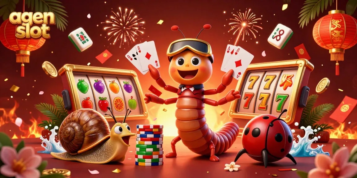 Spin vibrant slots with agen slot in this lively 3D casino scene featuring animated characters and game elements.
