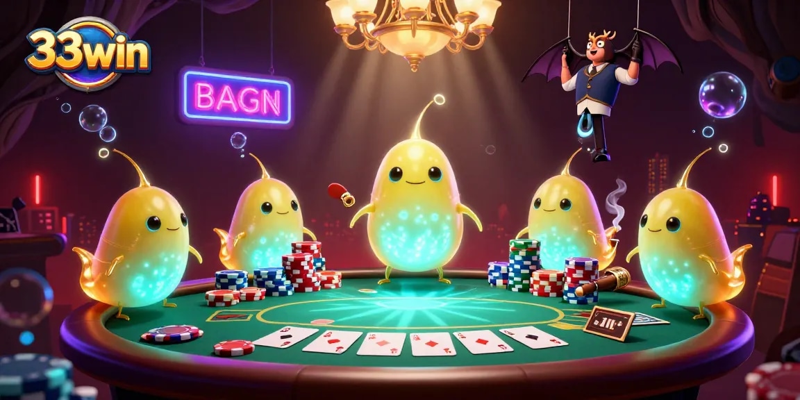 Engaging 33win casino illustration featuring glowworms lighting a poker table with vibrant elements.