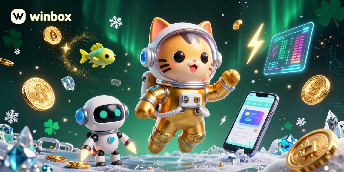 Winbox offers a vibrant gaming experience with an astronaut cat, robot dog, and crypto elements in a cosmic scene.