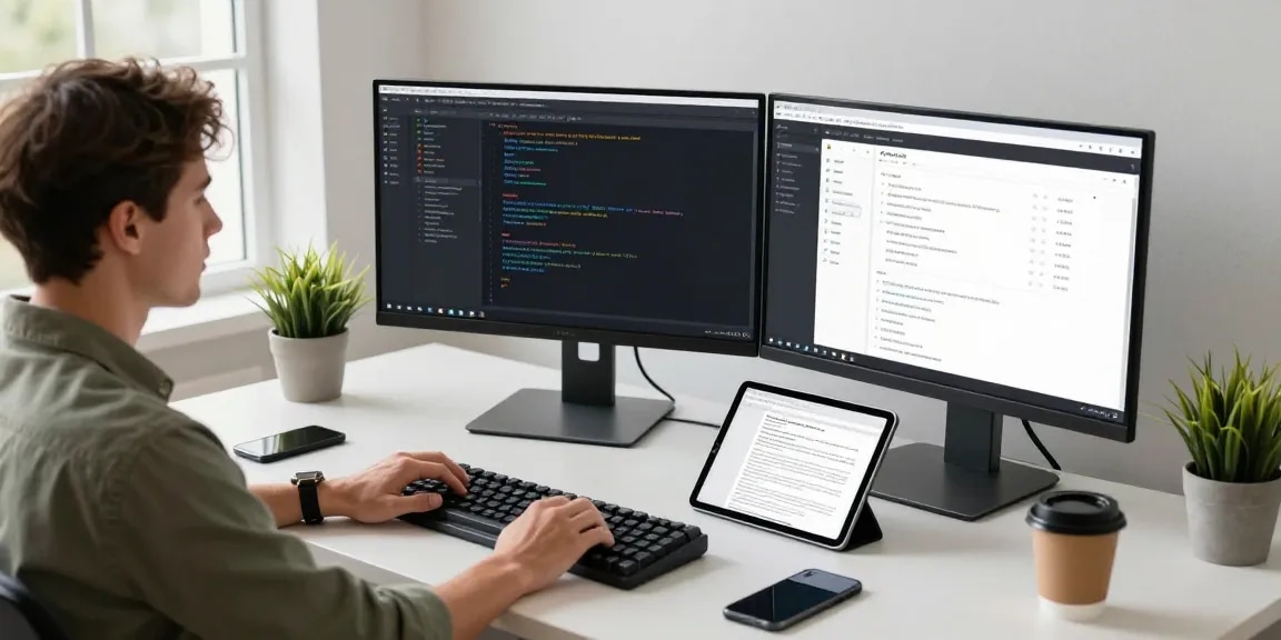 Developer sedang bekerja menggunakan teknik di https://codestus.com/posts/huong-dan-su-dung/usecallback-trong-react dengan monitor yang menampilkan kode React.