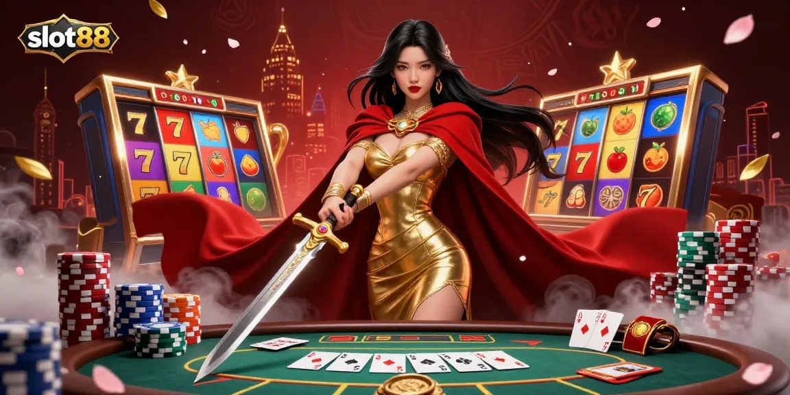 Experience thrilling gameplay with slot88 surrounded by a dynamic scene of vibrant slot reels and casino elements.