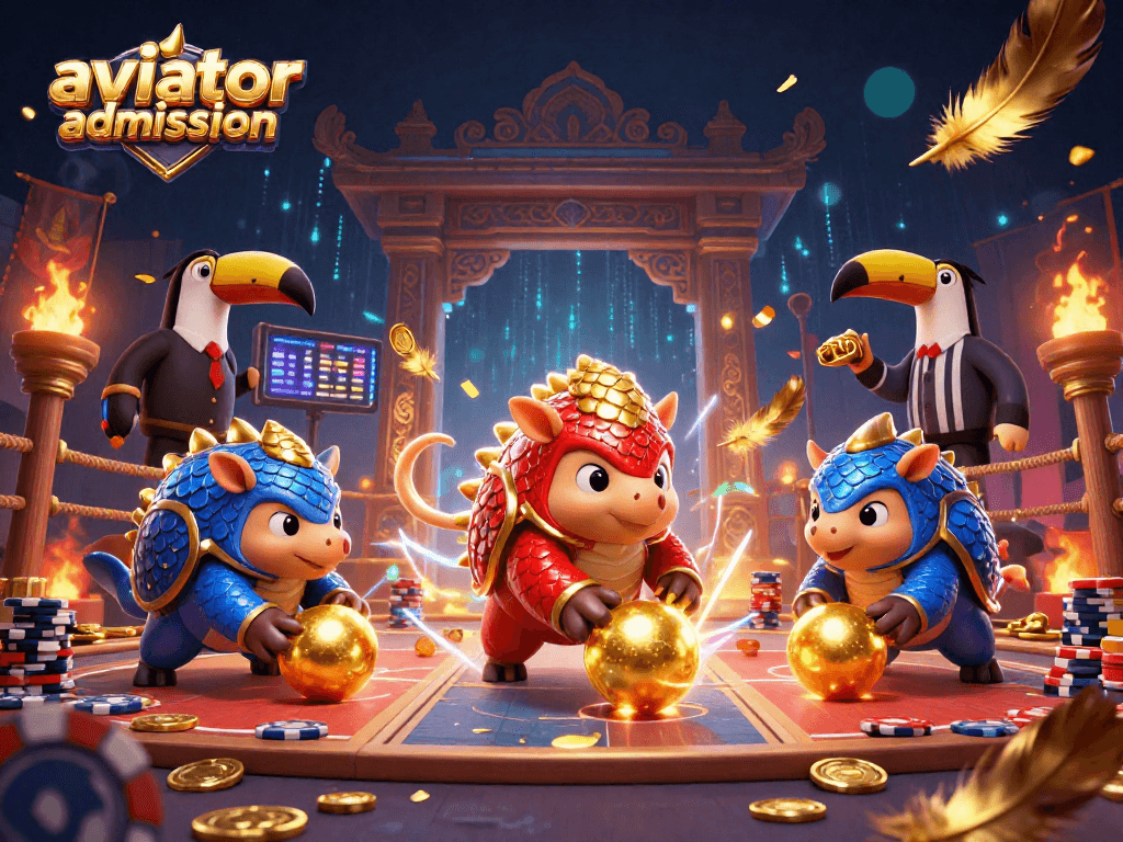 Aviator admission game featuring rival pangolins rolling poker chips in a vibrant casino setting.