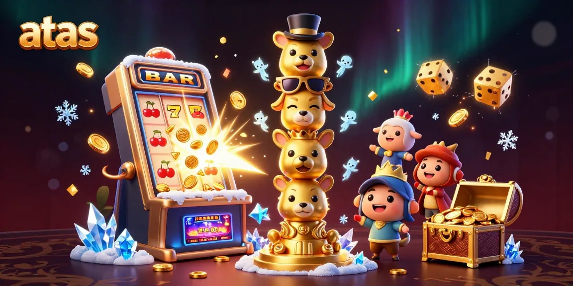 Celebrate wins at atas casino with a vibrant scene of classic gaming elements, including a golden totem and slot machines.