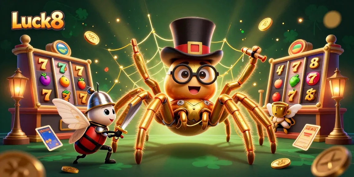 Luck8's exciting jackpot scene features a golden tarantula and a brave beetle knight in a casino