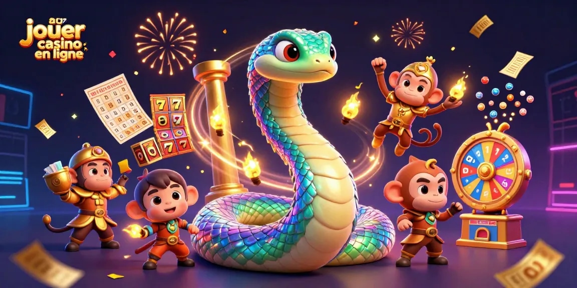 Jouer au casino en ligne avec une illustration dynamique de la fête des jeux, mettant en avant des éléments de machines à sous et des personnages colorés.