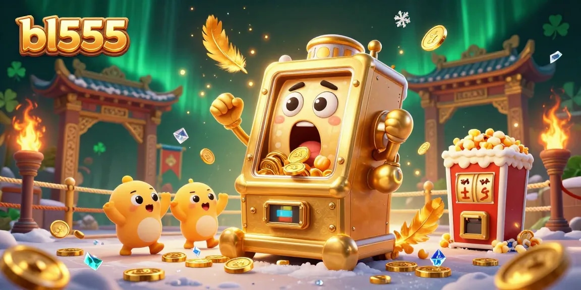 Experience the thrilling bl555 slots with a dynamic scene of a golden slot machine hitting jackpots amidst cheering machines and vibrant casino effects.