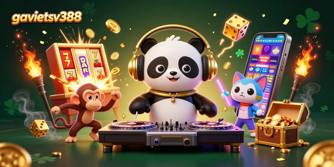 Engage with exciting gameplay at gavietsv388 as DJ panda spins at a vibrant casino party.