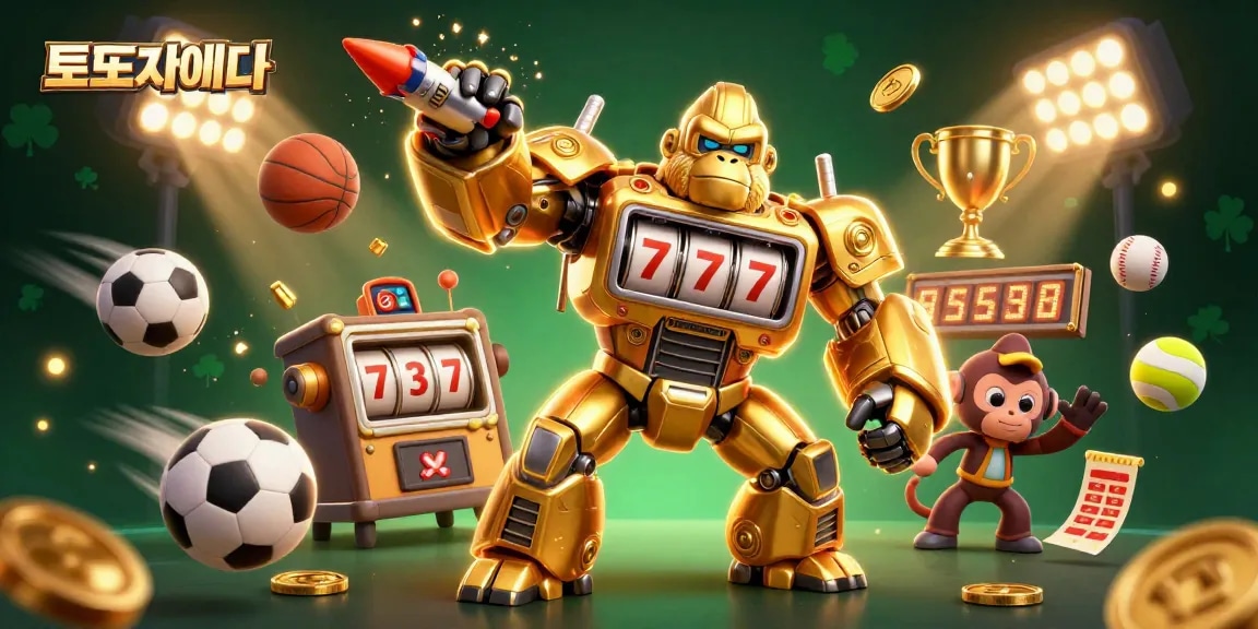 Engage in top 토토사이트 action with a dynamic scene featuring a golden gorilla mech and sports elements exploding with excitement.