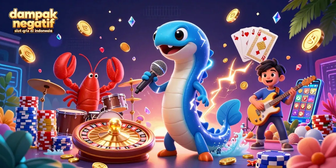 Experience the dampak negatif slot qris di indonesia with a vibrant underwater casino scene featuring an electric eel DJ.
