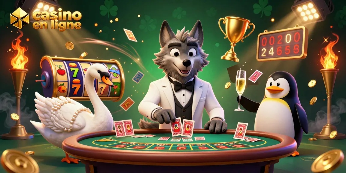 Profitez des jeux au casino en ligne avec un loup élégant et un cygne distribuant les cartes.