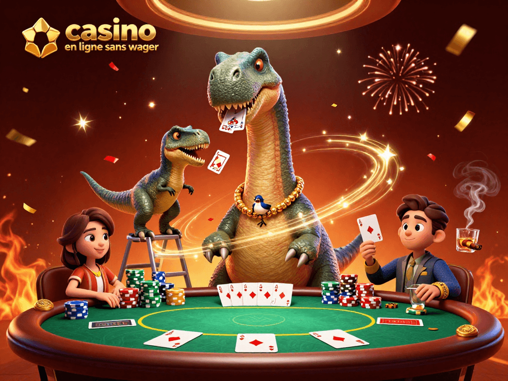 Actions excitantes au casino en ligne sans wager avec un brontosaurus et un raptor distribuant des cartes.