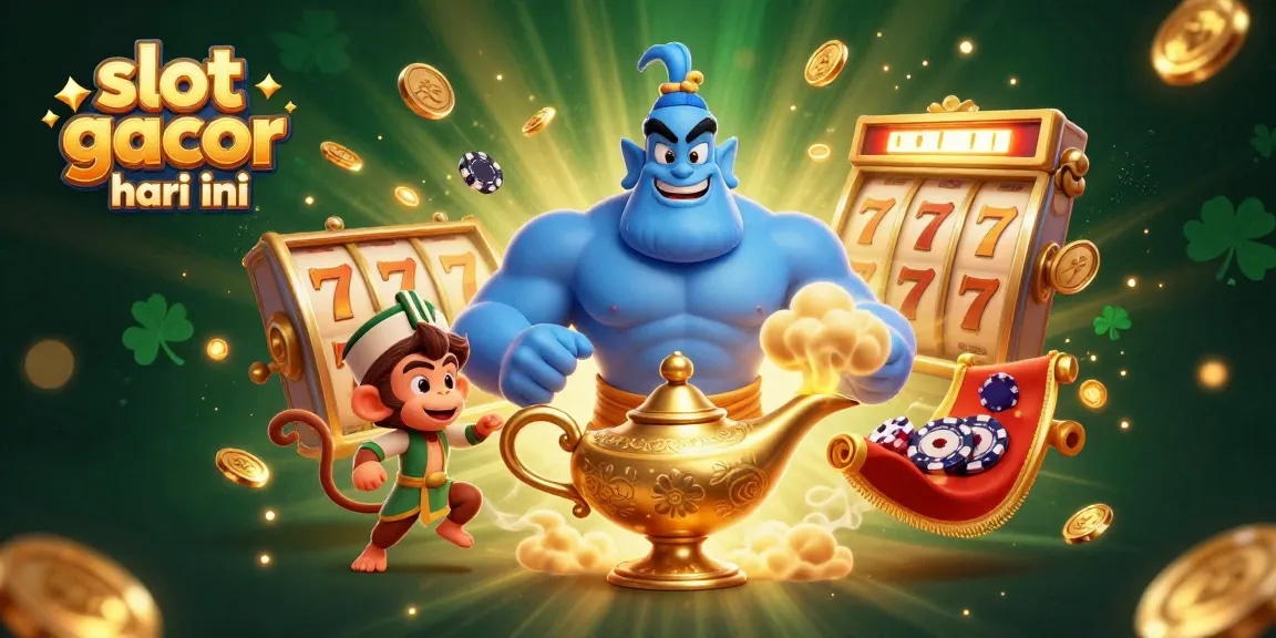 Experience the thrill of slot gacor hari ini with vivid visual elements including a genie, lucky symbols, and vibrant coins.