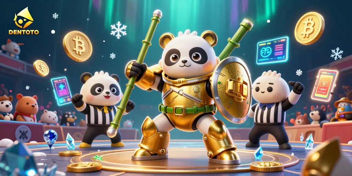 DENTOTO showcases an epic mech-suit panda battling in a vibrant crypto casino arena.