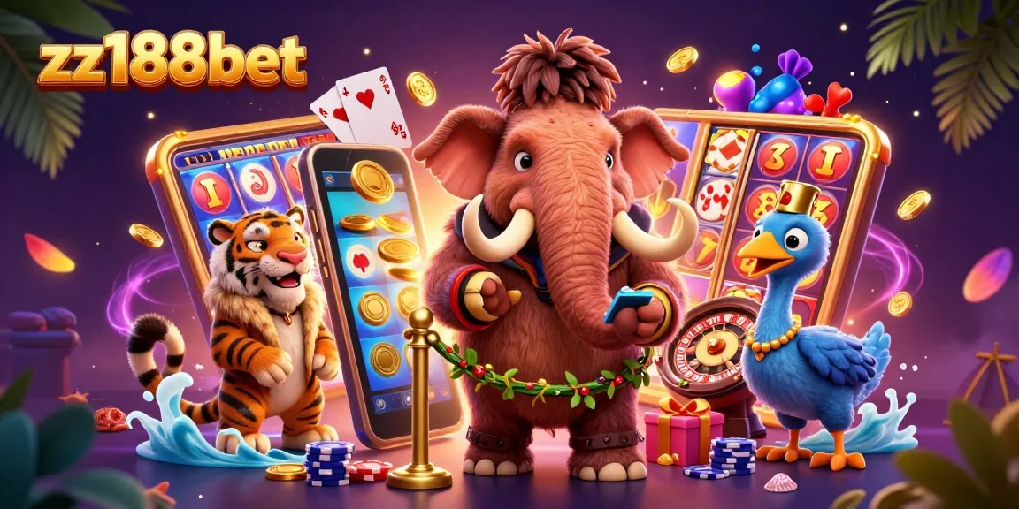 Experience thrilling casino action with zz188bet featuring a lively scene of characters and games.