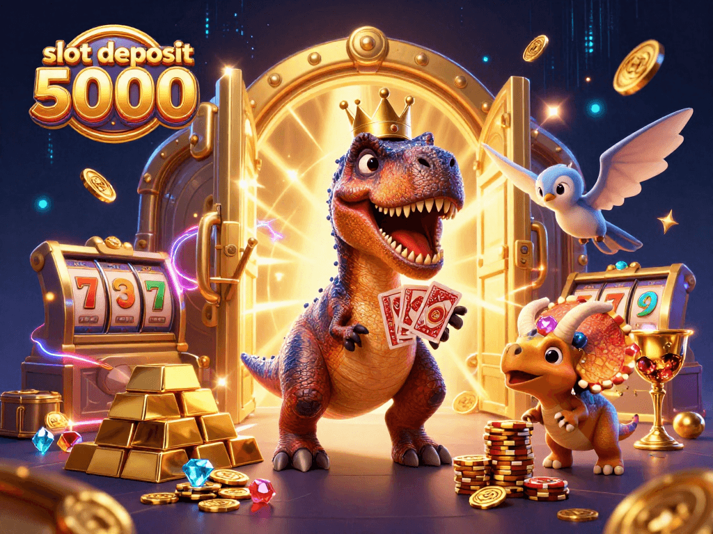 Experience excitement in slot deposit 5000 with a cartoon dinosaur casino scene featuring vibrant gems and golden treasures.