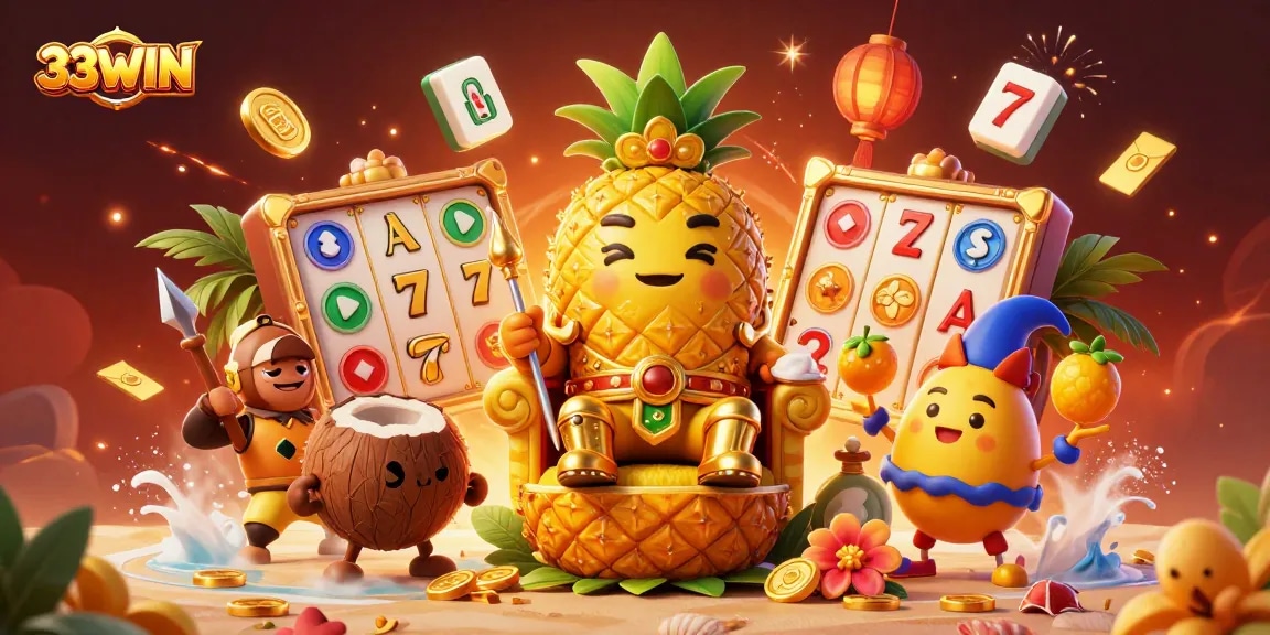 Experience thrilling moments with 33WIN as the golden pineapple king rules a vibrant slot game casino.