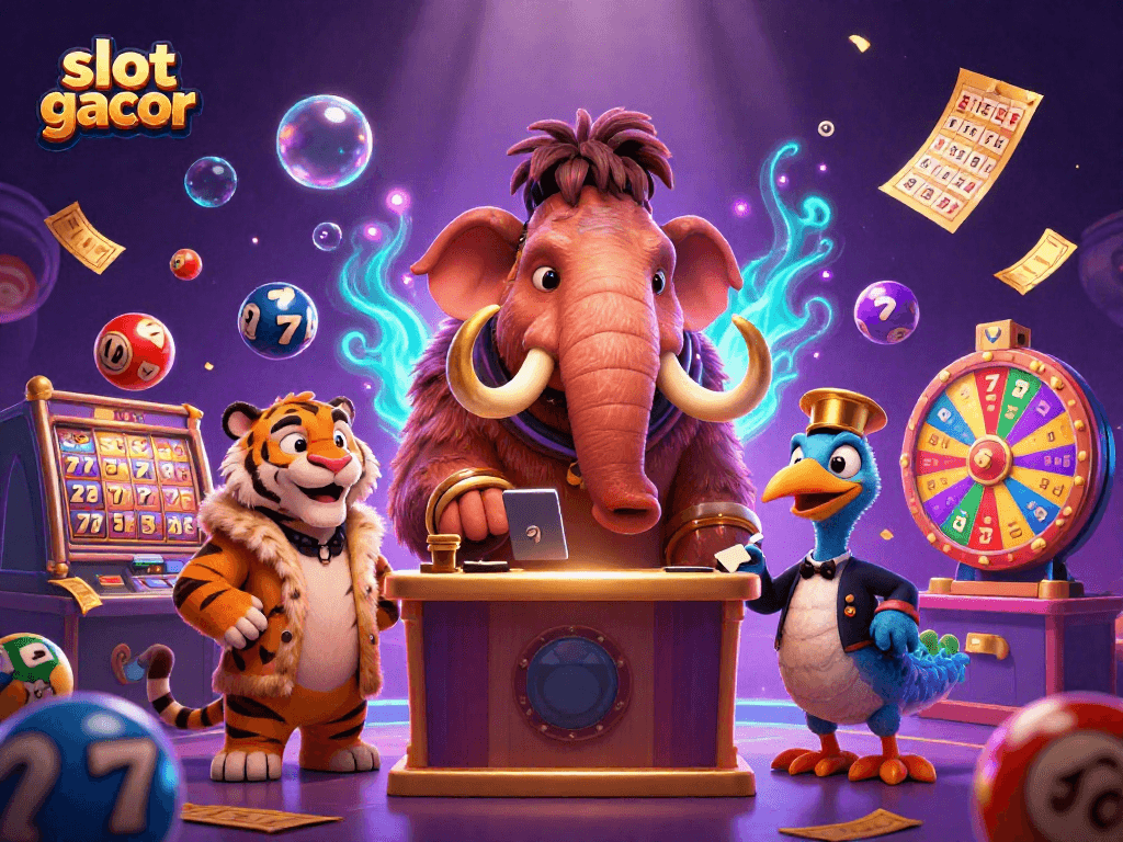 Engage with slot gacor at this lively 3D casino scene featuring vibrant characters and dynamic game elements.