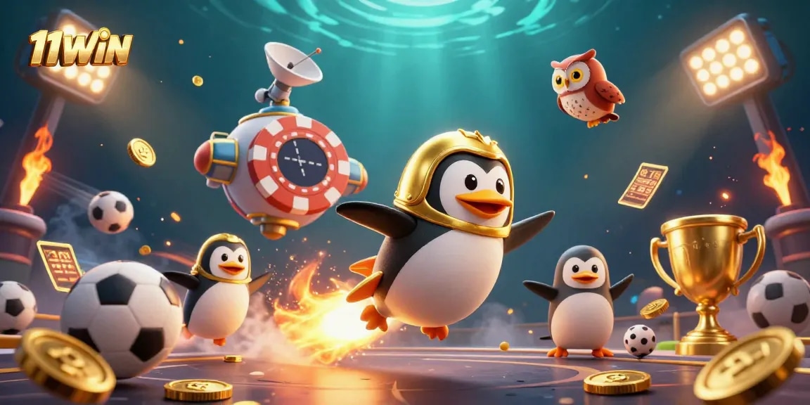 Experience thrilling gameplay with 11WIN, illustrated with a golden penguin in a dynamic casino space scene.