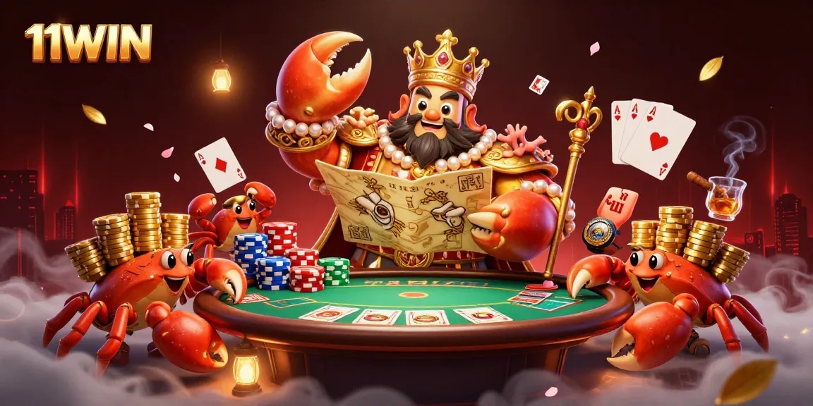 Play poker with 11WIN's golden crab emperor in an animated casino illustration.