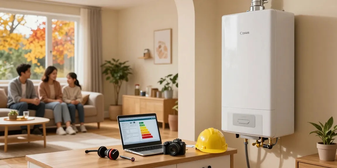Expert boiler repair in Belfast with a qualified technician ensuring efficiency for customers in a cozy living room.