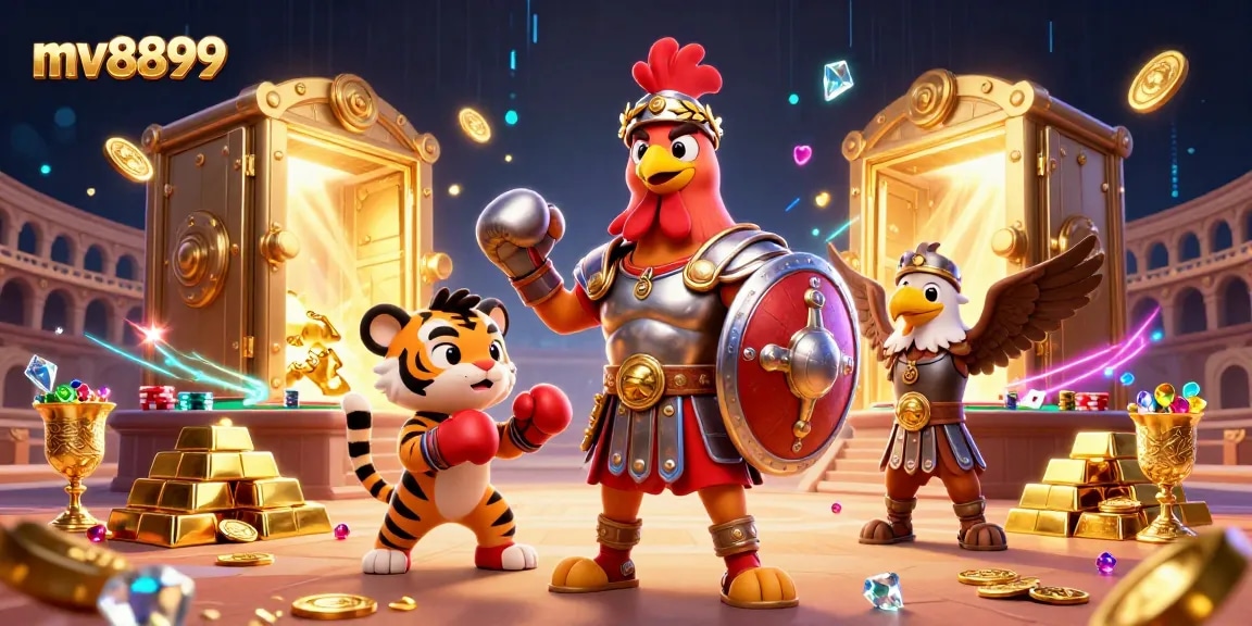 Experience excitement with mv8899's poker-themed 3D illustration featuring a gladiator rooster and more.
