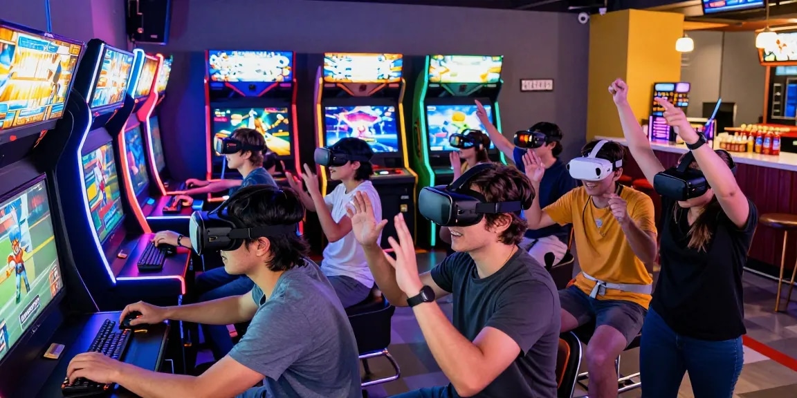 WORTEL21 dalam suasana arcade game yang meriah dengan gamer menggunakan headset VR.