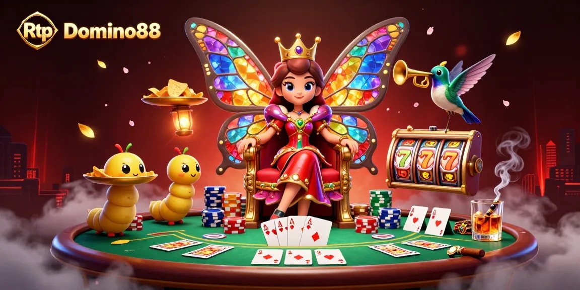 Capture Rtp Domino88 excitement with a vibrant 3D casino scene featuring slots, poker elements, and royal characters.