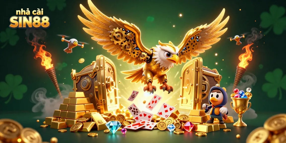 Experience thrilling gameplay at nhà cái SIN88 with a dynamic 3D casino illustration showcasing excitement and luck.