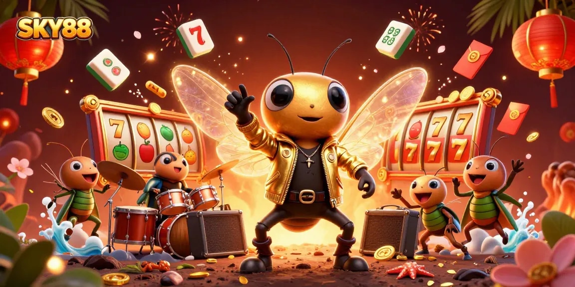 Experience thrilling gameplay with SKY88 as the 3D cartoon cicada rock star takes center stage in a vibrant casino scene.