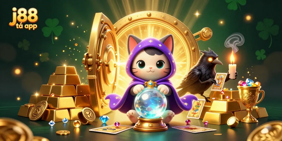 Engage with j88 tải app's mystic cat and raven in a vibrant casino scene.