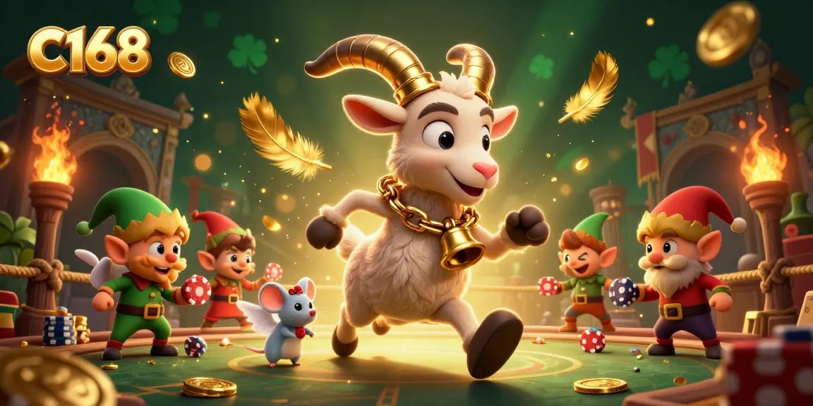 Experience the excitement of C168's casino with festive characters in a vibrant 3D illustration.