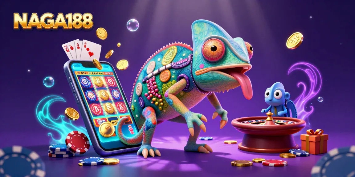 NAGA188 meraih kemenangan dengan chameleon kasino yang berwarna cerah dan permainan menarik di sekitarnya.
