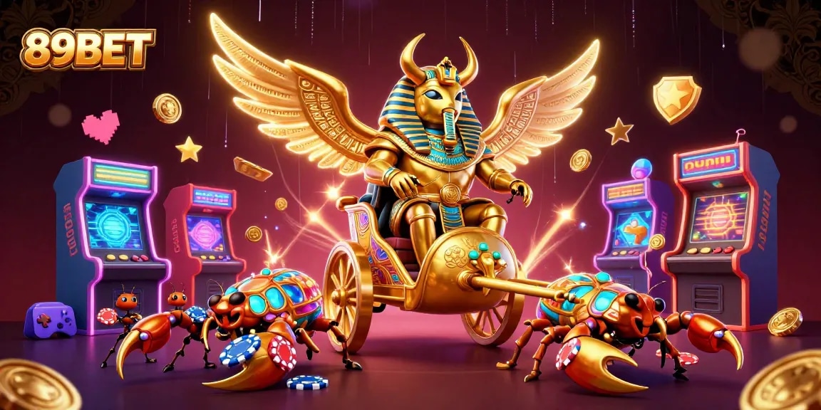 Experience thrilling action with 89BET as colossal golden scarab and scorpions dominate the casino realm.