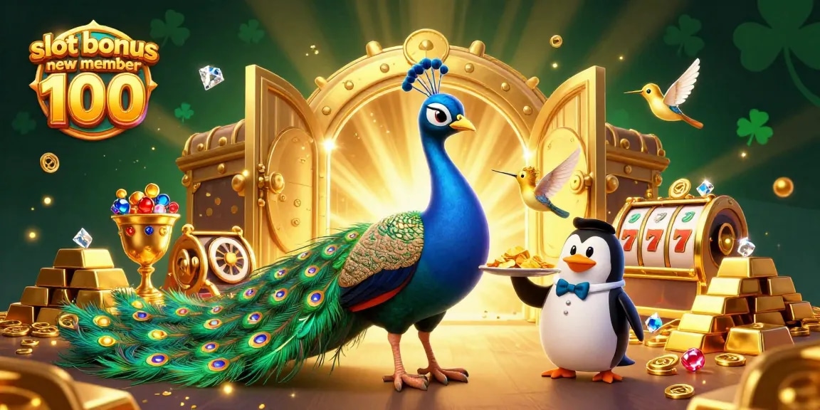 Play thrilling slots with the slot bonus new member 100, featuring vibrant characters and golden treasures.