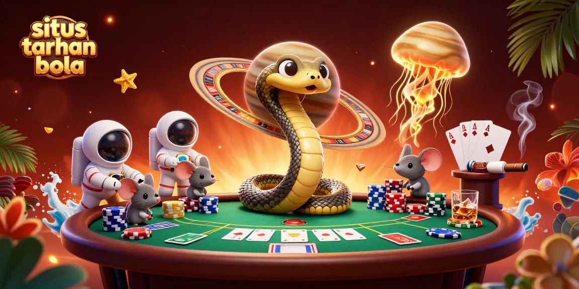 Engaging illustration showcasing situs taruhan bola with animated characters in a vibrant cosmic casino scene.