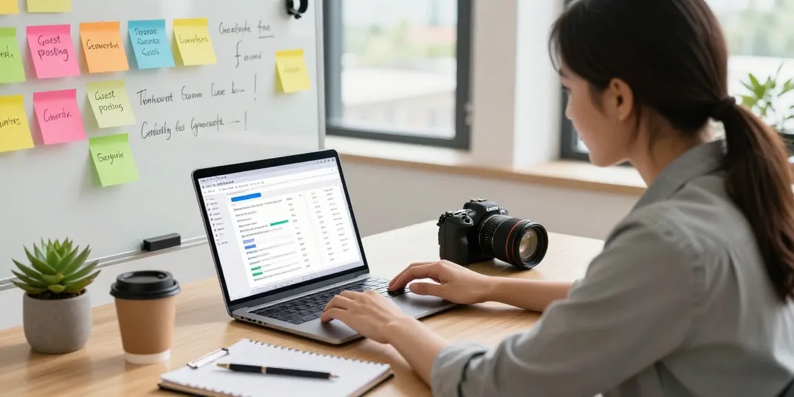 Digital marketing professional analyzing guest posting services metrics in a modern workspace.