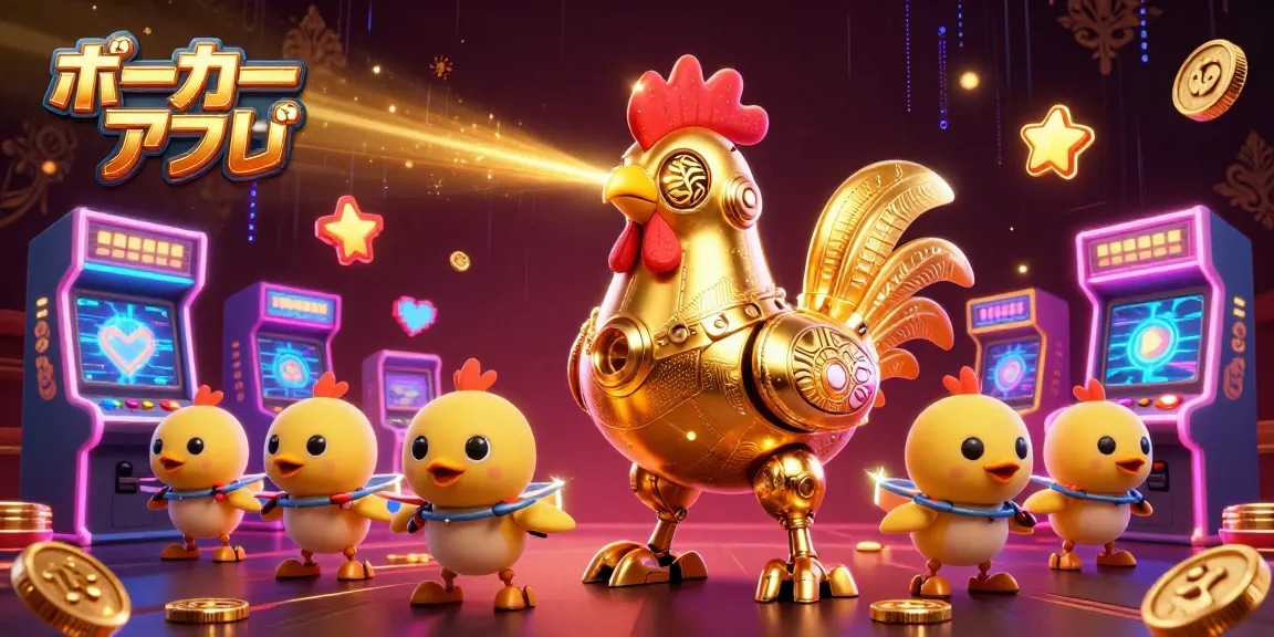 ポーカー アプリをテーマにしたカラフルな3Dイラストで、ゴールドのロボットと子ひよこがゲーム機に囲まれて楽しんでいる様子。